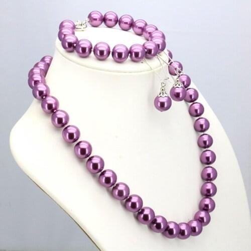 Hot!purple glass pearl necklace set 12mm necklace 18"bracelet 7.5" earring women fashion jewelry making design wholesale