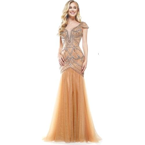 Graceful Evening Dresses champagne Tulle Beading Mermaid Women Dresses Prom Dresses Keyhole Back Wedding Party Dresses