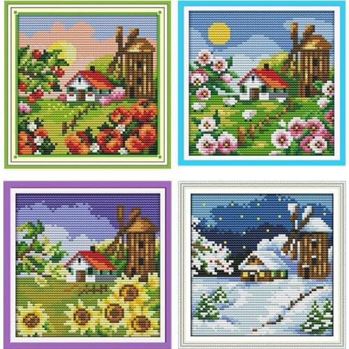 Joy Sunday South Koreas Four Seasons Small Scenery Painting 11CT 14CT Sets for Embroidery Kits Patterns Counted Cross-Stitching