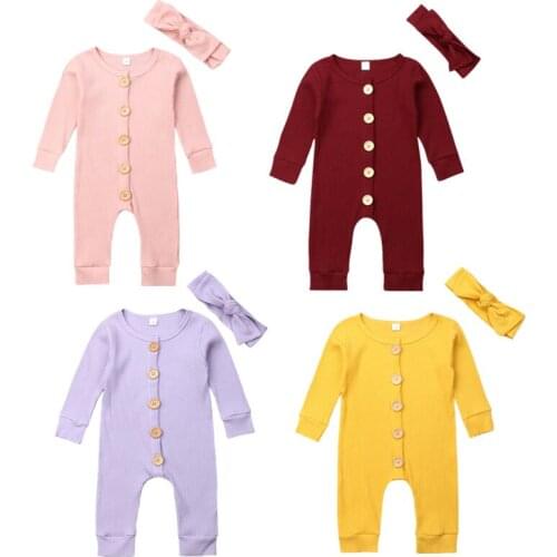 2019 Toddler Newborn Baby Boy Girl Romper Autumn Round Neck Solid Long Sleeve Buttons Jumpsuit Headband Clothing Outfits 0-18M