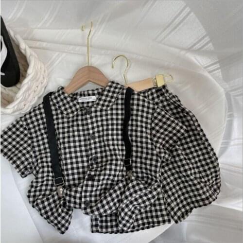 2021 new cotton girls boys 2 pcs set summer cotton plaid shirt+shorts cool soft kids suit