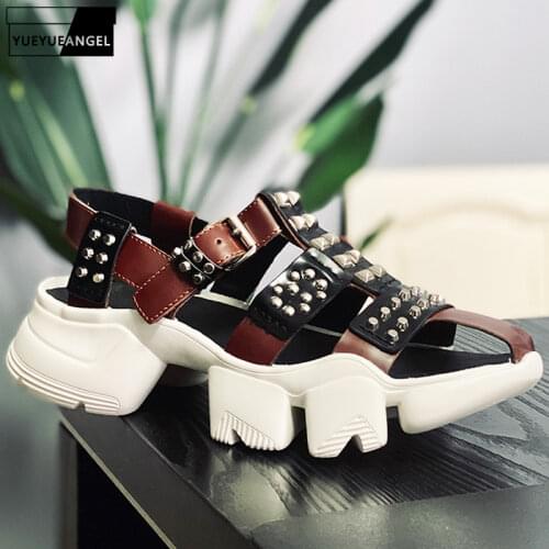 Fashion Mens New Thick Bottom Height Increasing Genuine Leather Casual Sandals Hasp Rivet Cowhide High Quality Vintage Sandals
