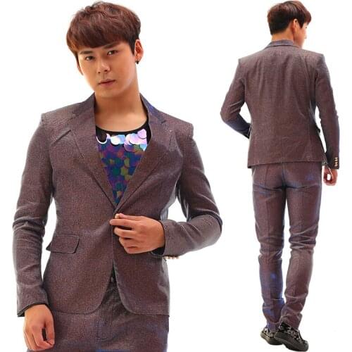 Fashion Stars Super purple Sequins flash powder Suit Costume Nightclub Male Singer Dancer Performance set stage show wear