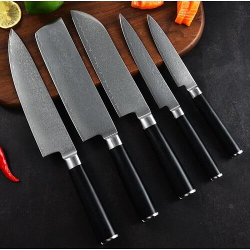 Kitchen Knife 5-piece Set VG10 Damascus Steel Blade G10 Round Handle Sharp Sharp Meat and Vegetable Cutting Tool Chef Knife