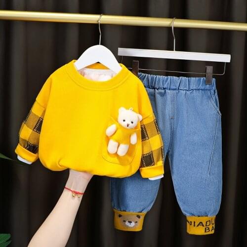 Toddler Boy Clothes Spring 2021New Style Baby Girls Check Round Neck Long Sleeve + Jeans 2Pcs Kids Clothes Suits Children Sets