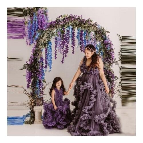 Lovely Mother And Me Tulle Photo Shoot Dresses Ruffles Custom Made Pleated Extra Puffy Mom And Kids Gowns