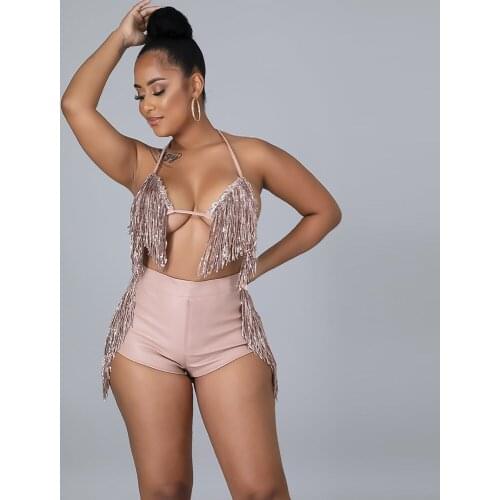 RMSFE 2021 Women Fashion Pearl Piece Tassel Hanging Neck Strap Short Top With Hip Wrap Sexy Triangular Shorts 2-Piece Set