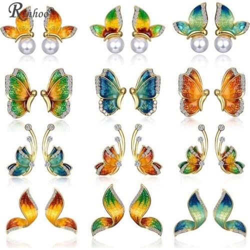 RINHOO Gold Color Butterfly Earrings Bow Knot Fashion Wedding Jewelry Crystal Simulated Pearl Ear Stud Earring For Women Brincos