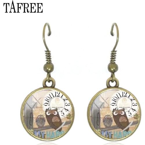 TAFREE Vintage Cute owl Digital clock Drop Earrings Glass Dome clock pendant earrings jewelry for women birthday gift FU58