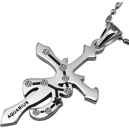 Vintage Rhinestone Cross Twelve Constellations Pendant Necklace Women Cross Necklace Statement Necklace Leather Rope Jewelry