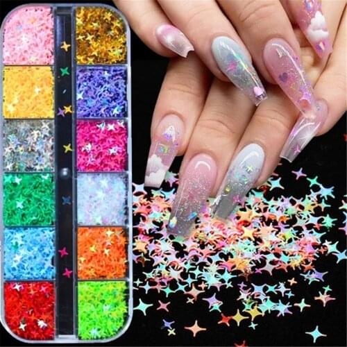12 Grids Colorful Nail Glitter Sequins Holographic Glitter Laser Four-pointed Star Shape Laser Glitter for Nails Art Decoration