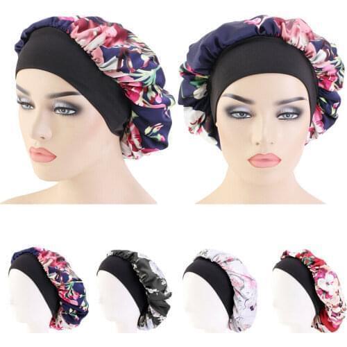 Floral Satin Bonnet For Sleeping Shower Cap Silk Headwear Hair Care Hat Femme Women Night Sleep Cap Head Cover Wide Elastic Band