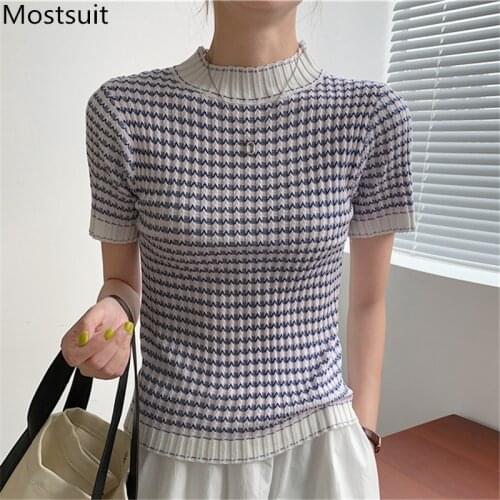 Color-blocked Knitted Pullover Tops Women Summer Short Sleeve Half High Collar Slim Knitwear Sweater Korean Vintage Jumpers 2021