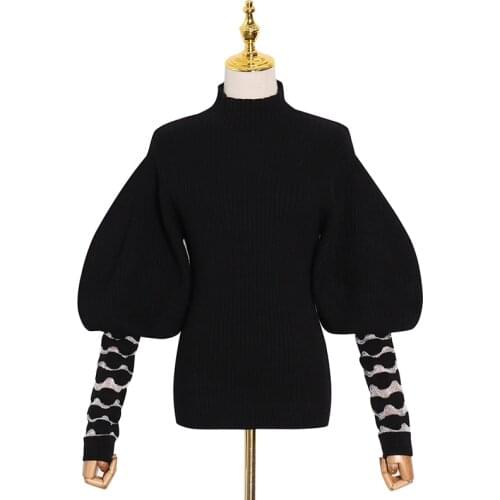 Female Fashion New Autumn Style Black Patchwork Knitted Tops for Women Turtleneck Puff Long Sleeve Casual Sweater
