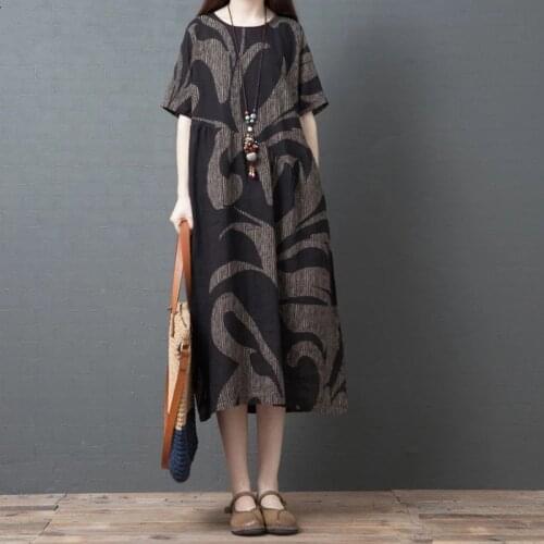 2021 New Summer Dress Vintage Cotton Linen Women Dresses Loose Comfortable Printing Long Dress Vestidos Robe Clothes