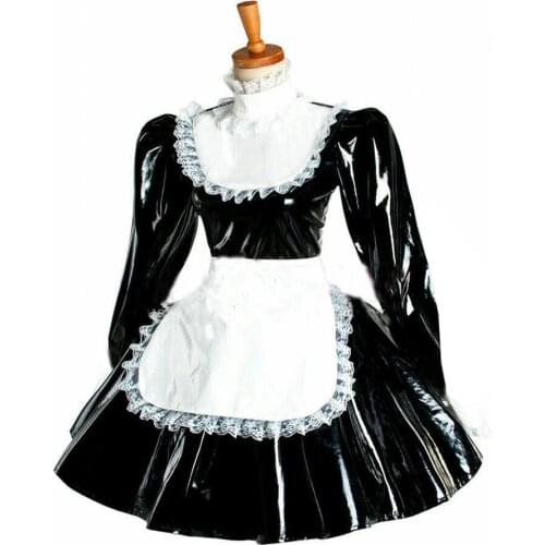 Plus Size Puff Long Sleeve Gothic Mini Dress Women Lolita Bowknot Lace Apron Dress PVC Wetlook Maid Cosplay Halloween Costume