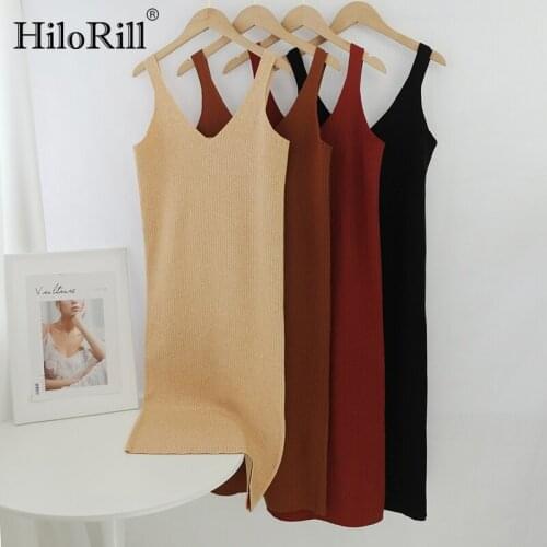 HiloRill Solid V Neck Spaghetti Strap Dress Women Backless Knitted Midi Dress Straight Base Casual Dresses Vestito Da Donna
