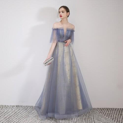 Women Evening Dress Purple A-line Tulle Floor-length High Quality Lace Exquisite Sequins Formal Dress