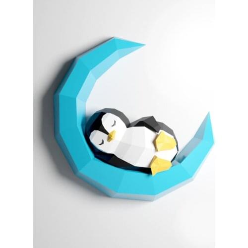 Penguin on Moon 3D Paper Model Animal Sculpture Penguin Papercraft DIY Craft for Kids Living Room Wall Decoration Home Decor