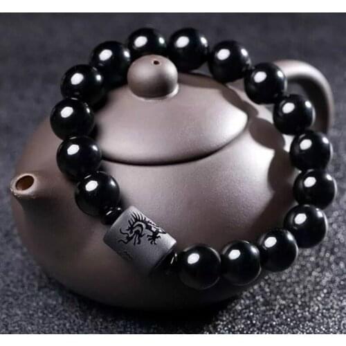 Natural black obsidian beads bracelets carving dragon and phoenix lucky beads bracelet totem crystal bracelet for lovers