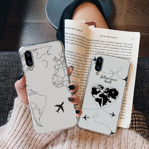 World Map Travel Planes Luxury Phone case For Huawei Honor 6 7 8 9 10 10i 20 A C X Lite Pro Play transparent painting hoesjes