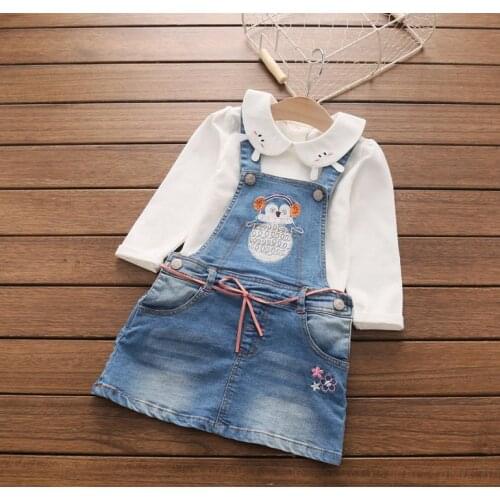 New Arrival Girls Denim Sundress Girls Character-embroidery Sundress Kids Suspender Denim dress Child High Quality Sundress