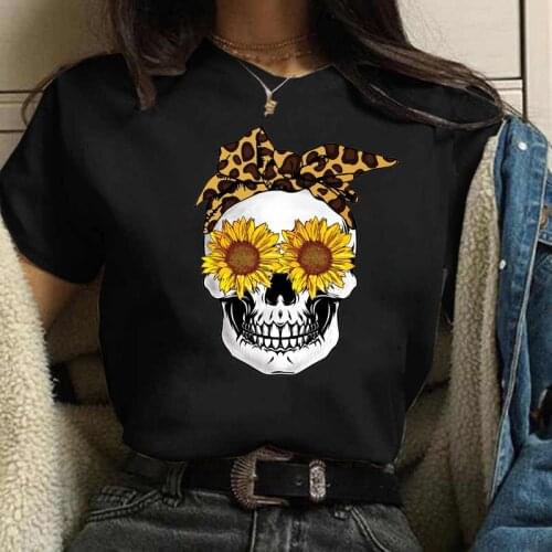 Kawaii Cartoon Leopard Skull Printed T-shirts Womens T-shirt Summer Casual Short Sleeve Graphic Printed Clothes Tops Female Tees