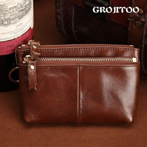GROJITOO Men Casual Genuine Cowhide Leather Wallet Vintage Disign Small Coin Purse Male Short Slim Zipper Bifold Wallet