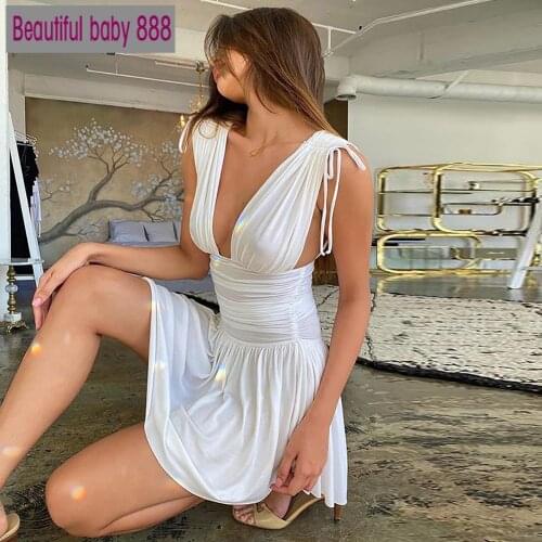 Meqeiss New White Elegant Pleated Plunge Deep V-Neck Sleeveless Dresses Evening Club Party Christmas Women Mini Dress Clothes