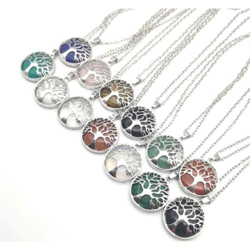 Tree of Life Pattern Colorful Natural Stone Pendant Necklace Women Jewelry Pink Green Crystal Druzy Energy Stone