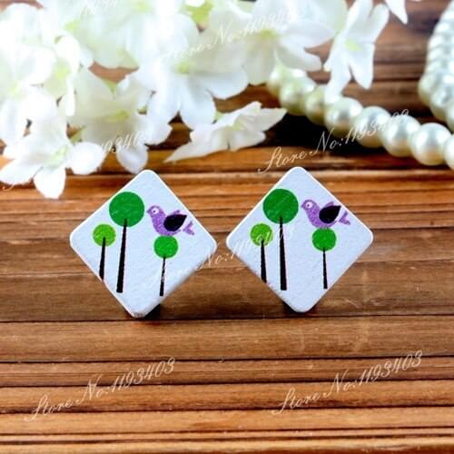 Bird Square Shape High Quality Photo Wood Laser Cut Cabochon to make Rings, Earrings, Bobby pin,Necklaces, Bracelets