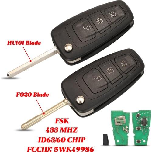 Jingyuqin 3BTN 433Mhz FSK 4D63/4D60 Chip Remote Car Key Fob For Ford Kuga C-Max Focus Fiesta Mondeo Galaxy HU101 FO21 Flip Blade