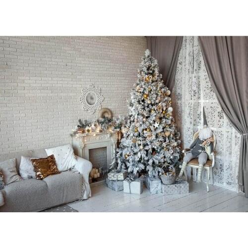 White Brick Wall Living Room Christmas Tree Gifts Photo Backdrops Vinyl Studio Background for Children Baby Home Photocall Props