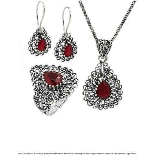 Silver Filigree Stem Ruby Cubic Zirconia Drop Triple Set Jewelry