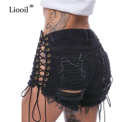 Liooil Plus Size Lace Up Tassel Denim Party Rave Shorts Women Sexy Club Skinny Mid Waist Hole Rivet Button Fly Black Short Jeans