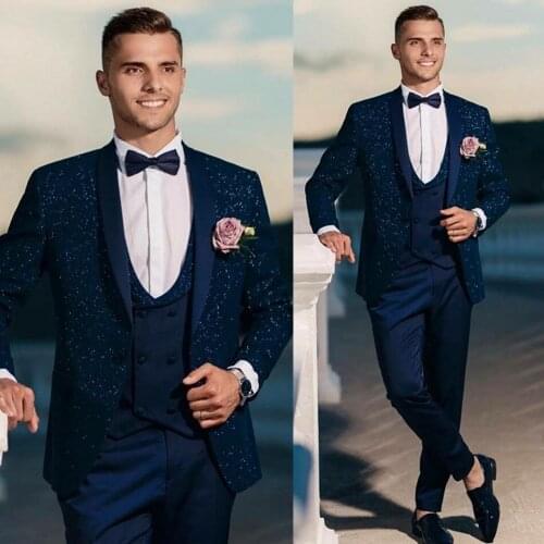 Navy Handsome Wedding Tuxedos Slim Fit One Button Mens Suit Formal Prom Party Wear Blazer(Jacket+Vest+Pants)
