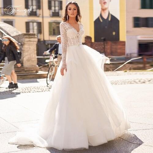 Traugel V Neck A Line Beach Lace Wedding Dresses Elegant Long Sleeve Bridal Dress Court Train Wedding Gowns for Bride Plus Size