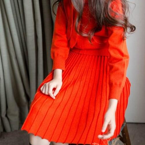 8 10 years Korean style Kids Girls Knitted Skirt Suits Autumn Winter Orange Elegant Clothing Sets