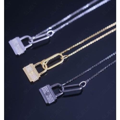 SLJELY High Quality S925 Sterling Silver Black Grey Padlock Adjustable Necklace With Star Women August Monaco Brand Jewelry