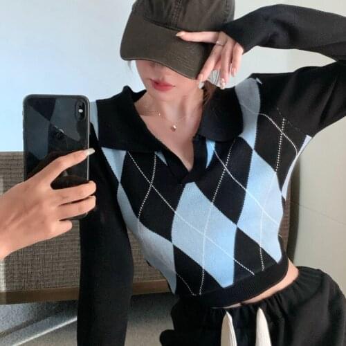 Retro Hit Color Diamond Knit Sweater Women Short V-neck Slim Sweater Jacket 2021 Fall New Top