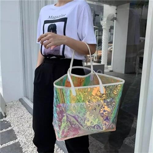 2021 Summer New Colorful Large Tote Bag For Women Rainbow Laser Transparent Travel Handbag Fashion Printed Portable Shopping Bag