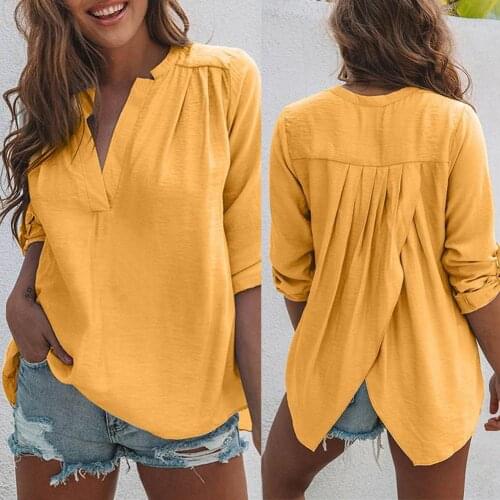 Women Fashion Solid Color Long Sleeve Pleated Back Slitting Hem Shirt Blouse Pleated Back Slitting Hem Shirt Blouse