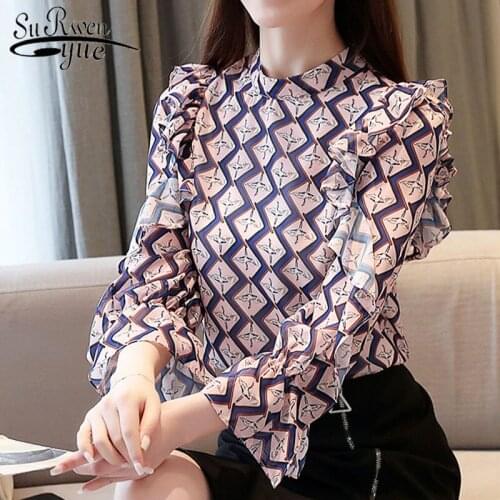 2021 korean Womens tops and blouses Flare Sleeve ladies tops chiffon blouse for women tops Ruffles Print Stand blusas 8504 50