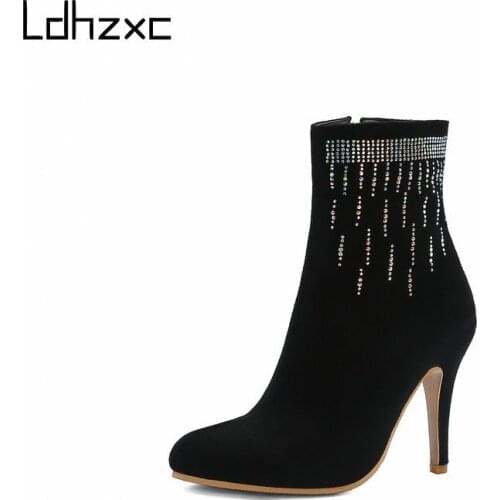 LDHZXC Pointed Toe Slip on Women Shoes Autumn Winter High Heel Ankle Boots Cow Suede Leather Fashion Women Boots Size 34-48