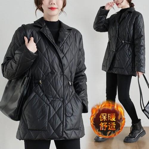 Women Casual Quilted Coats New Winter Vintage Style Turn-Down Collar Thick Warm Black Jackets Plus Size Oversize Female Outwear