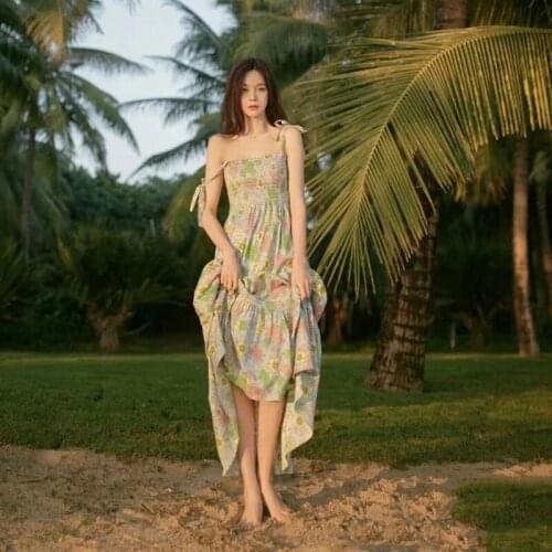 Ladies Elegant French Resort Slim Sexy Floral Sling Dress Sweet Party Beach Pleated Sexy Slim Mid-Length Catwalk Dress Vestidos