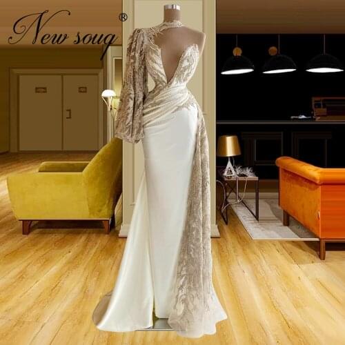 Elegant Champagne Sequins Evening Dresses 2021 One Sleeve Dubai Prom Dresses Robes Arabic Mermaid Celebrity Dress Party Gowns