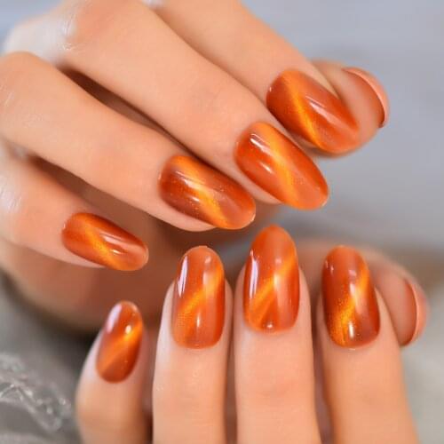 24Pcs Europe and America False Press On Nails With Design Best Artificial Nail Art Supplier Round Caramel Orange Color Tips