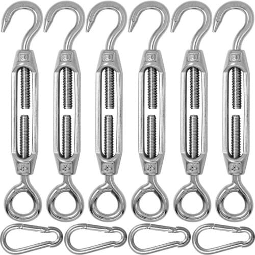 6 Pieces of 304 Stainless Steel M4 Eye & Hook Turn Buckle Wire Rope Tension + 4 Spring Hook - Silver color