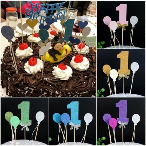 4pcs Glitter Balloon Number 1 Years Boy Girl Cake Topper Flags Kids Happy Birthday Party Baby Shower Cupcake Toppers Decoration
